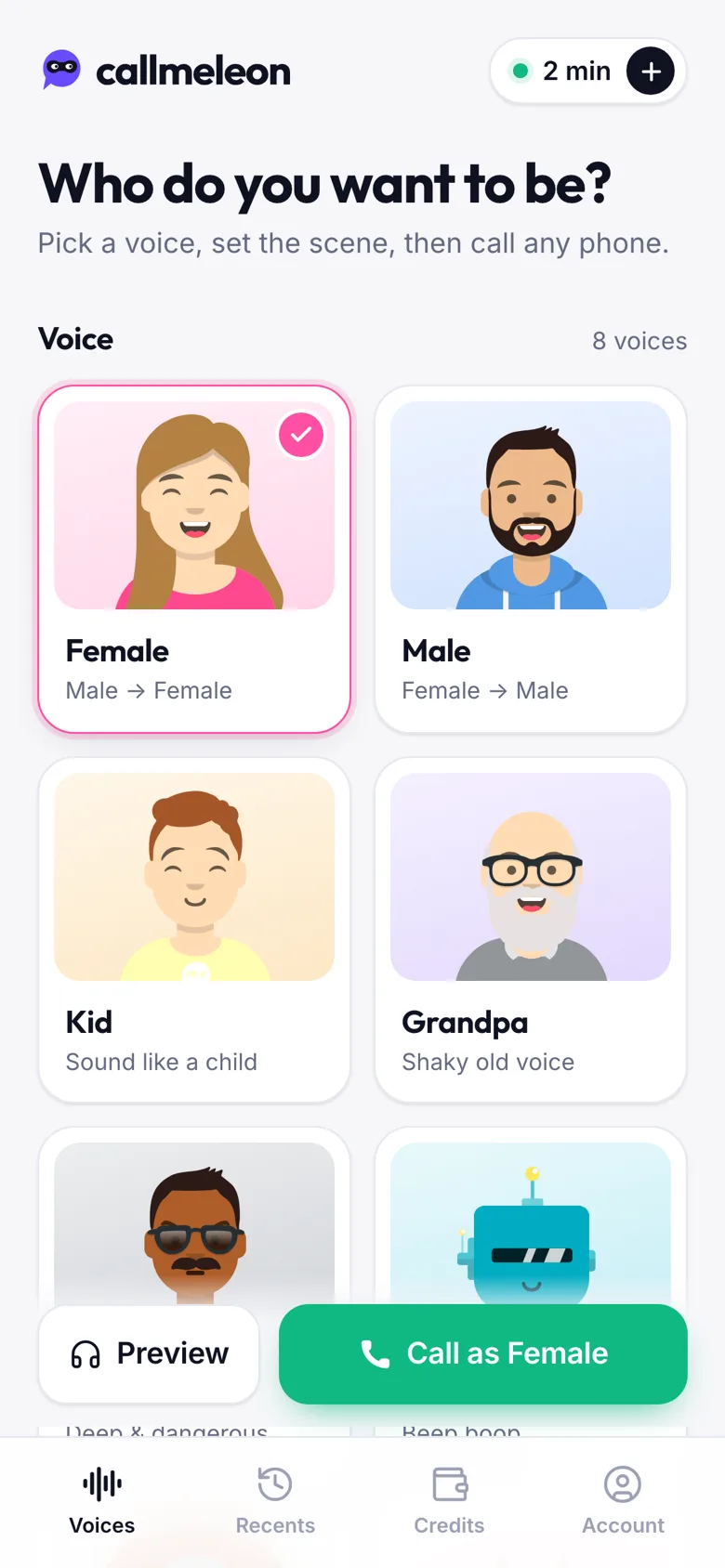 Callmeleon home screen showing voice choices: Female, Male, Kid and Grandpa